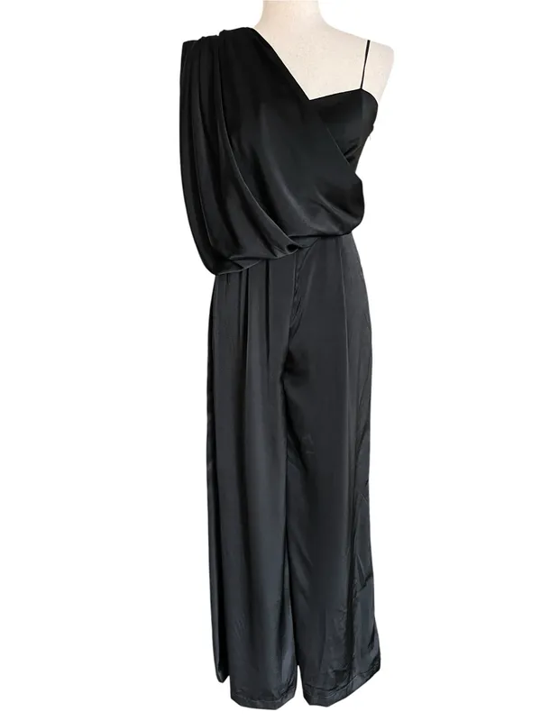DO+BE black satin jumpsuit featuring an asymmetrical draped one-shoulder overlay - Image 12