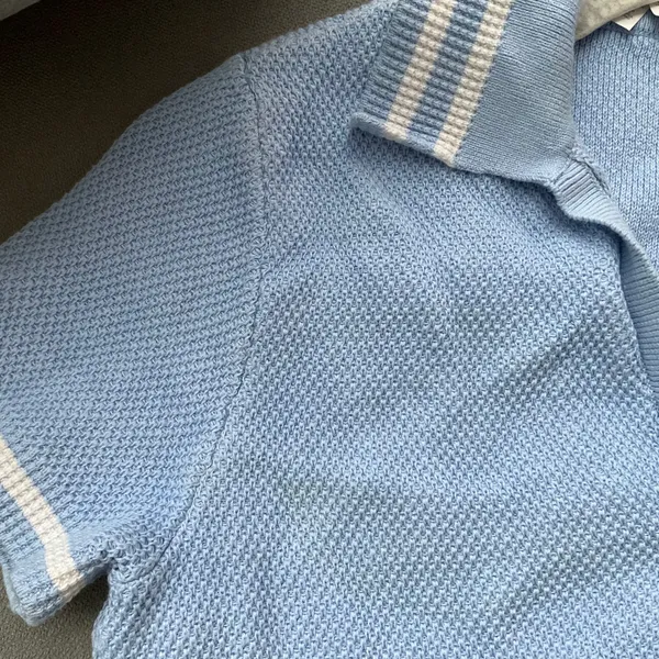 Alo Yoga Tennis Club Sweater Knit Cropped Polo Seashell Blue/White XS - Image 4