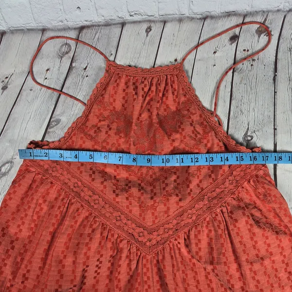 Free People‎ Elisa Tunic Tank Top XS Coral Orange Lace Trim Halter Sleeveless - Image 9