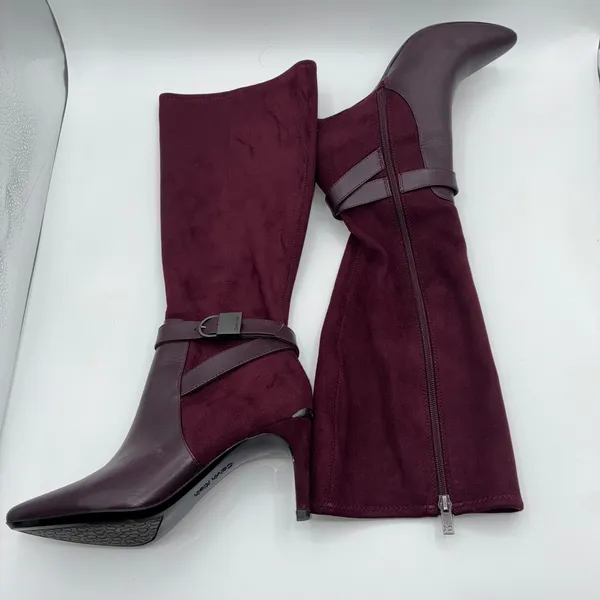 Calvin Klein Jemamine Wide‎ Calf Tall Boots Burgundy Suede Leather Heel Size 6.5 - Image 3