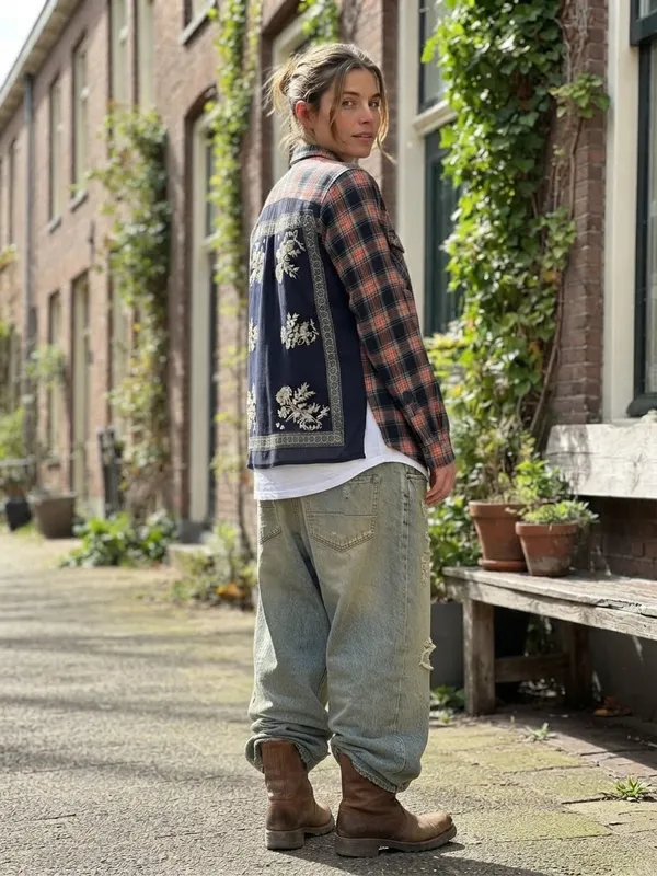 Free People Behind The Flannel Plaid & Floral Bandana Mixed Media Button Down - Image 13