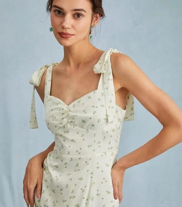 RIHOAS The Light Green Satin Floral Tie Strap Slit Midi Dress S 76 - Image 5