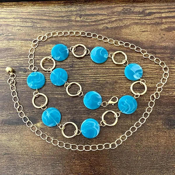 Gold Y2K Blue Marbled Disc Chain Belt, Fits 20.5-43 Inches, X7GA1270 - Image 6
