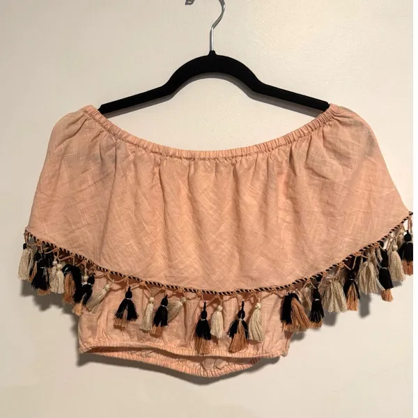 LoveShackFancy‎ Off Shoulder Tassel Crop Top Peach Boho Festival Small - Image 2