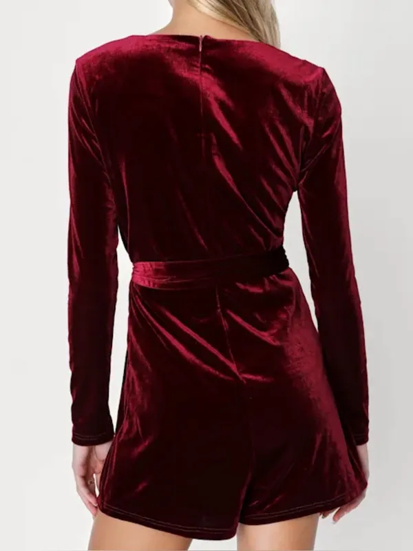 Lulus Women’s Romantic Moves Burgundy Velvet Long Sleeve Vneck Romper Size Small - Image 2