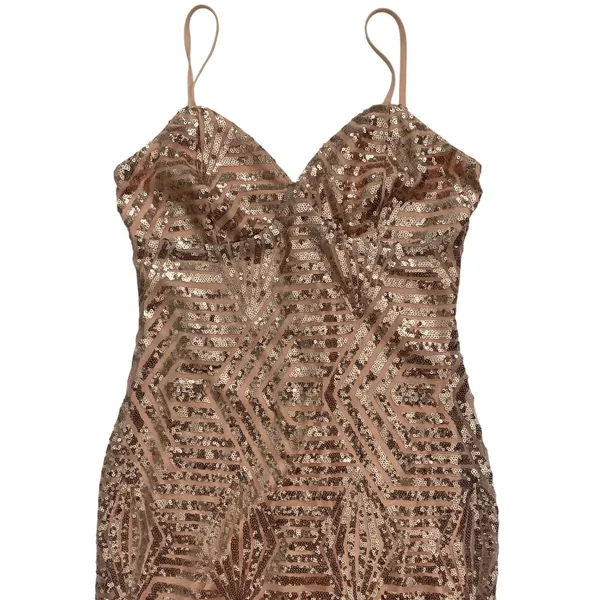 Guess Los Angeles Rose‎ Gold Sequin Geometric Bodycon Mini Dress Small V-Neck - Image 2