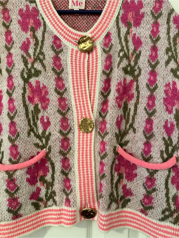 So Me Pink Floral Knit Cardigan Vest with Gold Buttons - Image 3