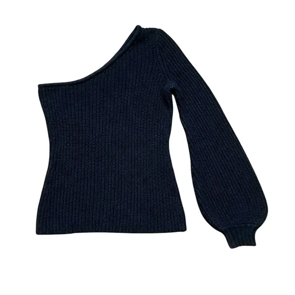 Aqua Asymmetrical One-Shoulder Rib-Knit Balloon Sleeve Black Sweater Size XS - Image 2