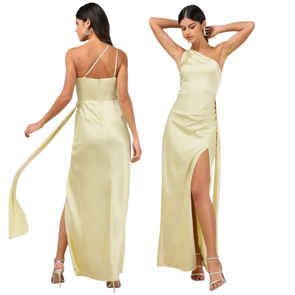 Lulus Signature Elegance Pale Yellow Satin One-Shoulder Maxi Dress size XS NWT - Image 2