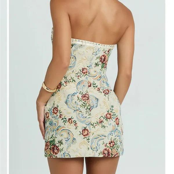 Showpo Floral Strapless Mini Dress - Cream, Blue, Red - Image 3
