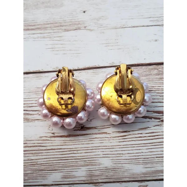 Vintage Clip On Earrings - Pink with Gold Tone Leaf Detail - Image 4