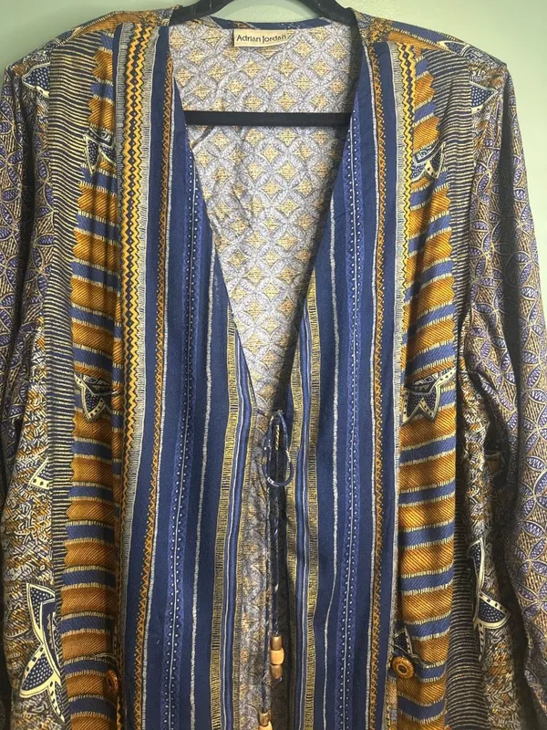 Vintage Adrian Jordan Boho Jacket XL Indigo Tribal Print Shoulder Pads 90s - Image 3