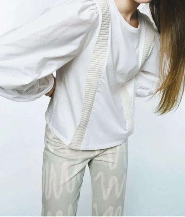 Zara Long Puff Sleeve Shirt with Beige Trim - Image 2