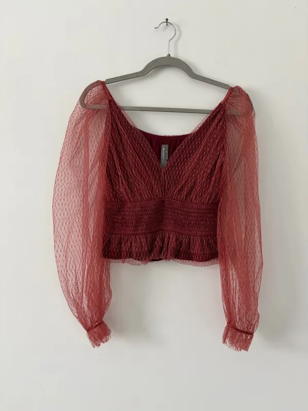 Anthropologie Tulle V Neck Blouse Bordeaux Red Sheer Smocked Peplum Top XS - Image 3