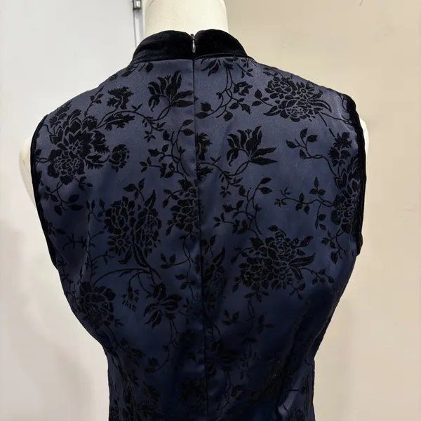 VTG 90s CDC Navy Blue Black Flocked‎ Velvet Floral Mandarin Collar Midi Dress 10 - Image 7