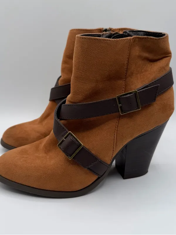 Charming Charlie Womens 7 Cognac Faux Suede Buckle Strap Block Heel Boots - Image 3
