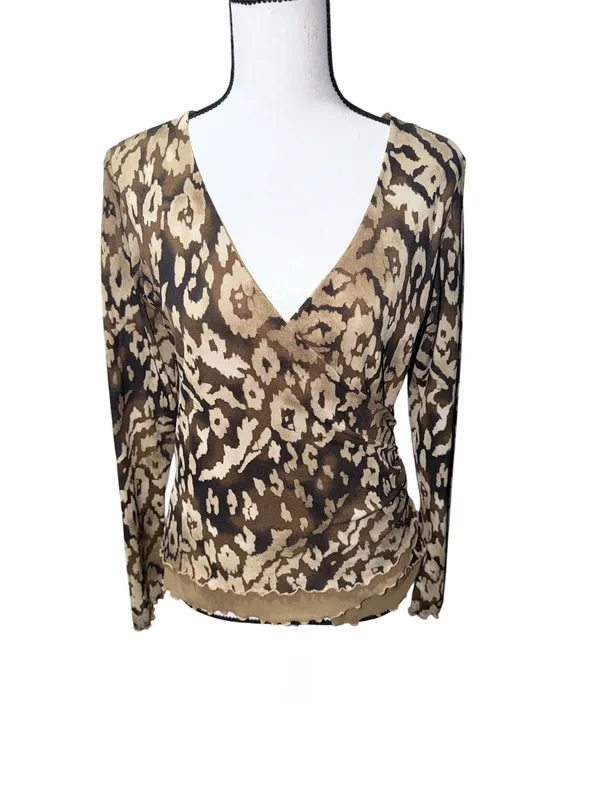 W by Worth Brown & Beige Animal Print V-Neck Mesh Long Sleeve Wrap Blouse Size - Image 2