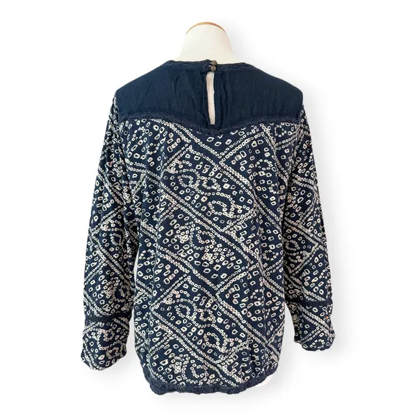 Lucky Brand | L | Navy Patterned Lace Accent Cotton Boho Peasant Shirt Top - Image 4