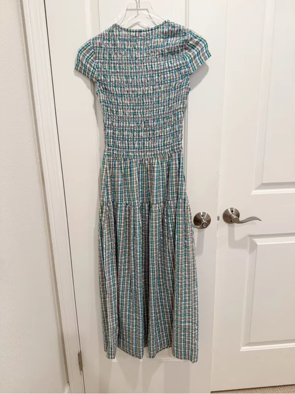 DAMSON MADDER NWT Ebba Smocked Midi Dress in Picnic Blue Check Cottagecore US 2 - Image 5