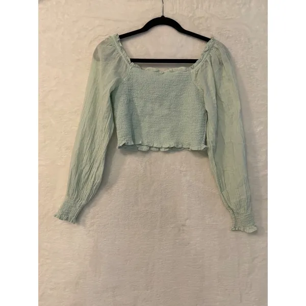 Aerie Smocked Crop Top Womens Small Mint Green Long Sleeve Boho Ruffle Blouse - Image 3