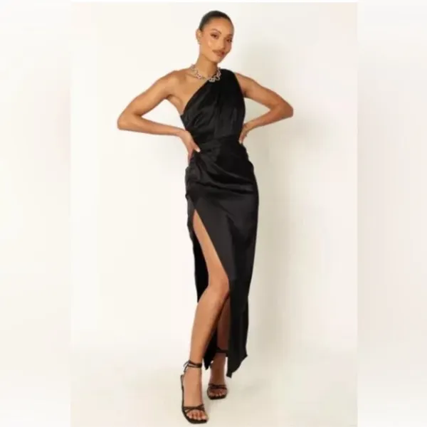 PETAL & PUP NADIA One-Shoulder Satin Maxi Dress Black 14 NWOT - Image 2