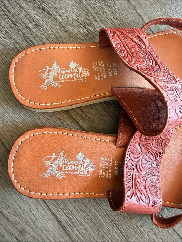 Artesanias Camila Huarache tooled Leather sandal Boho Hippie VTG Mexican style - Image 3