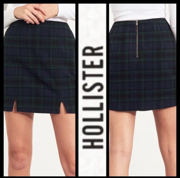 Hollister Navy & Green Plaid Wool Blend Mini Skirt with Front Slits - Image 2