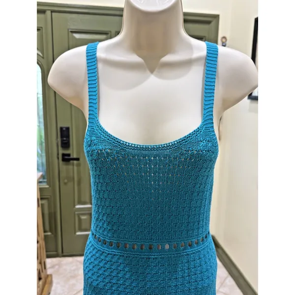 Teal Green Sleeveless Midi Dress – Openwork Crochet Knit | Size M - Image 2