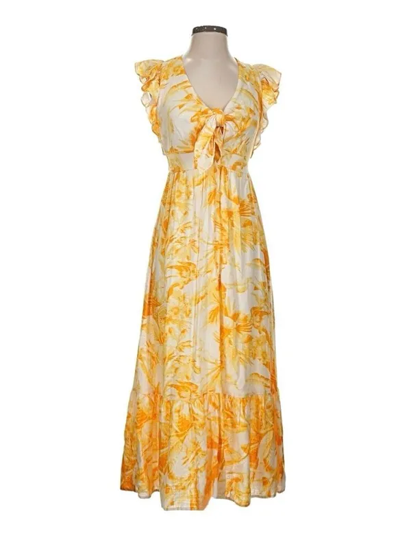EXPRESS Floral Flutter Sleeve Tie Front Maxi Dress Small - Image 2