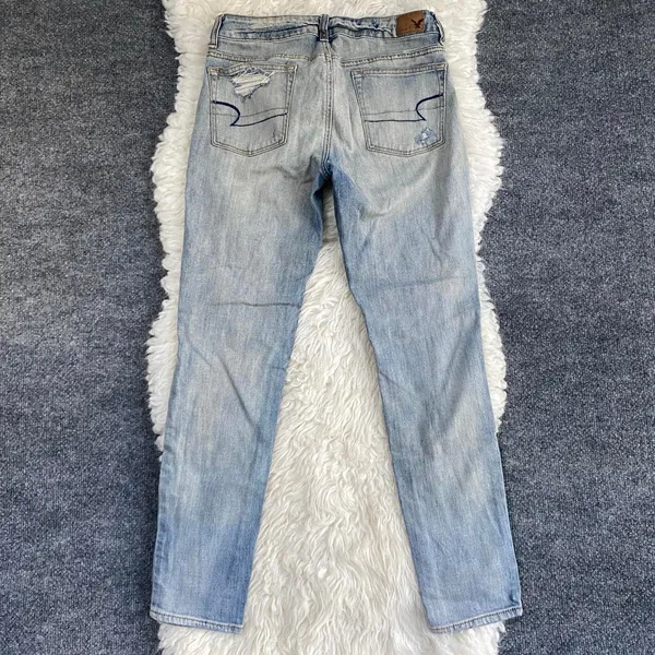 AMERICAN EAGLE LIGHT BLUE DISTRESSED BUTTON FLY BOY JEAN DENIM MID RISE - Image 5