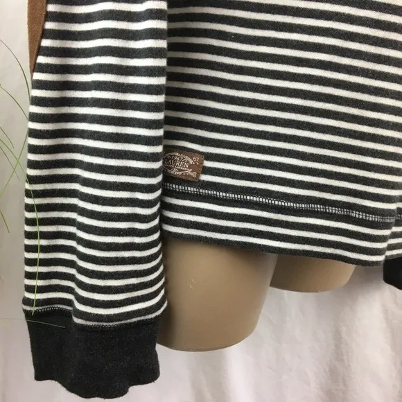 Lauren RL Black & White Striped Leather Elbow Patch Long Sleeve Tee L - Image 9