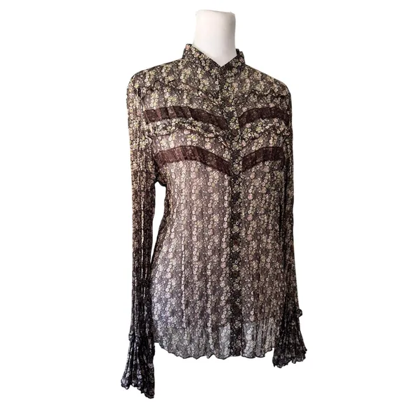 Vintage ‘00s Apt. 9 Sheer Brown Floral Print Accordion Pleat Long Sleeve Blouse - Image 6