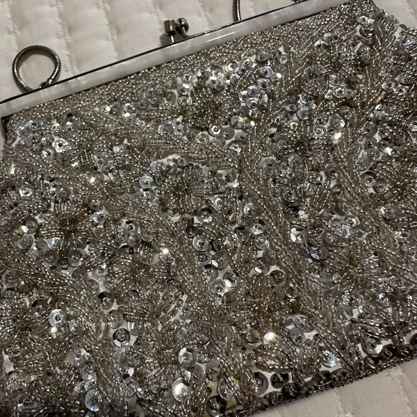 Women’s Beaded Bead Sequin Hand Bag Evening Purse Silver Tone - Needs TLC - Image 12