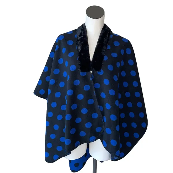 NWOT LOFT Sweater Poncho Cardigan Polka Dot With Faux Fur Trim Marino Wool - Image 2