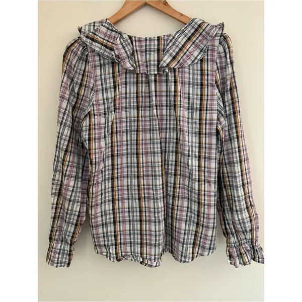 LOFT Multicolor Plaid Ruffle Collar V-Neck Button-Up Long Sleeve Top Preppy M - Image 7