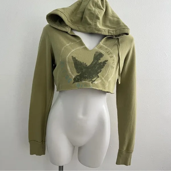NEW Aerie bird Cropped Hoodie sweatshirt olive Green SMALL - Image 3