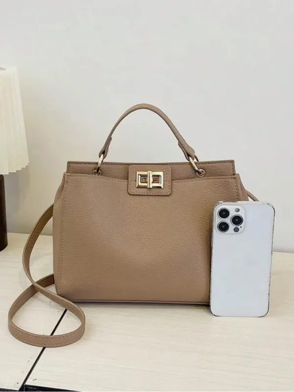 Twist lock Taupe tan Top-Handle Satchel Bag with crossbody faux leather - Image 3