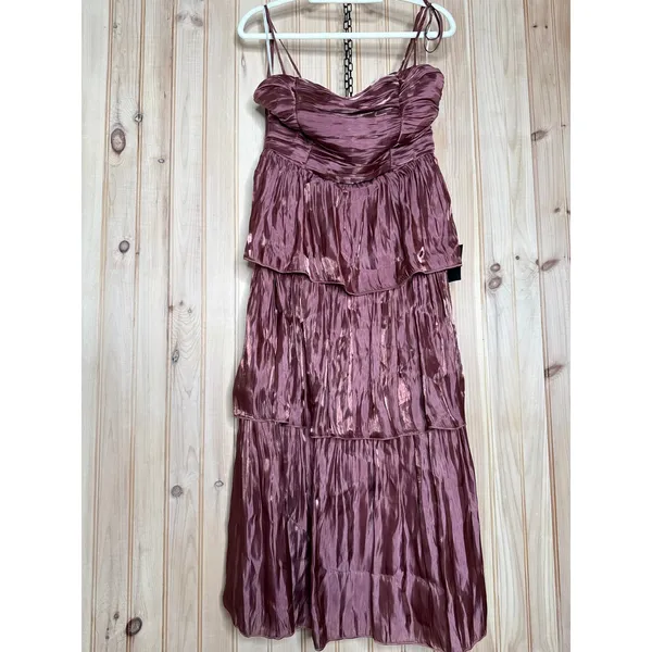 NWT Lulus Tennon Dusty Rose Plisse Tiered Midi Dress Party Cocktail Wedding Sz M - Image 2