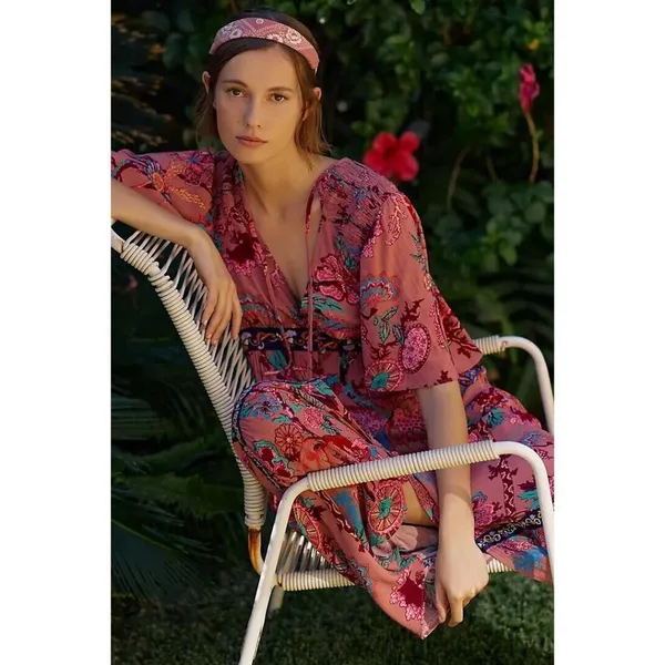 NWT by Anthropologie Ruffled Embroidered Maxi in Pink Floral V-neck Dress S - Image 5