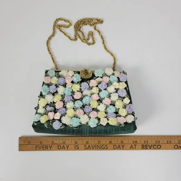 Andé Womens Clutch Bag Green Croc Embossed Pastel Floral Applique Gold Chain - Image 15