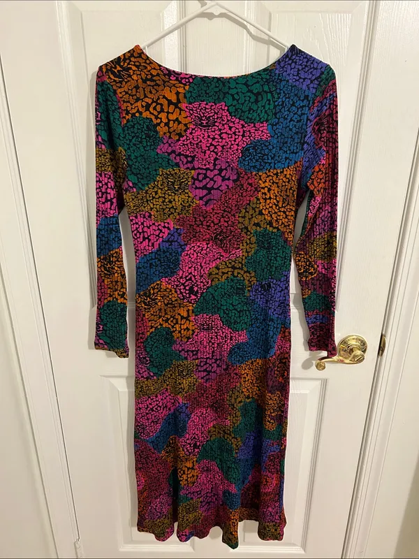 Farm Rio Rainbow Mix Jersey Dress Ribbed Knit Long Sleeve Midi New Size Medium - Image 7