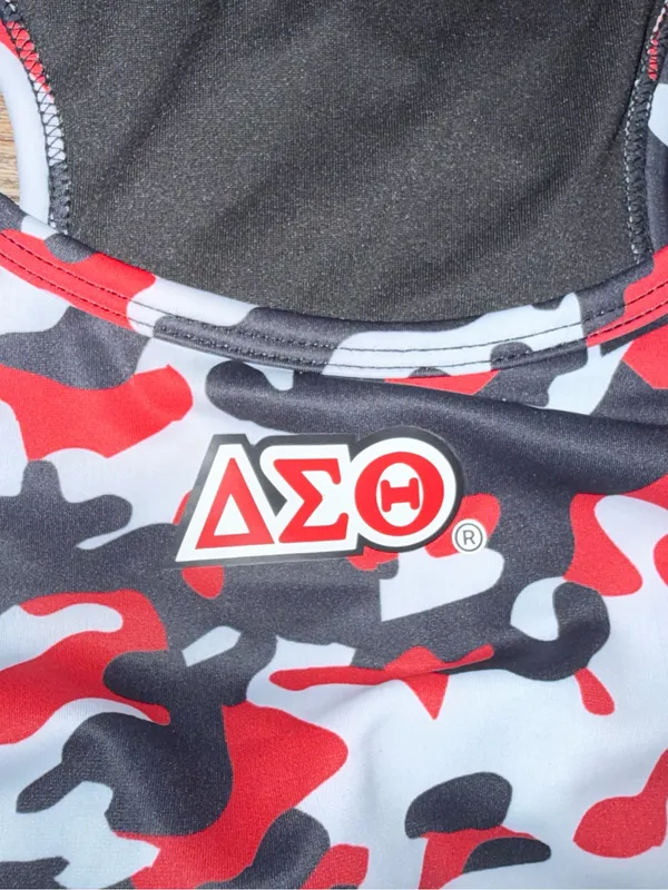 Delta Sigma Theta Red/Black/White Camo Sports Bra Women’s Size Large - Image 2