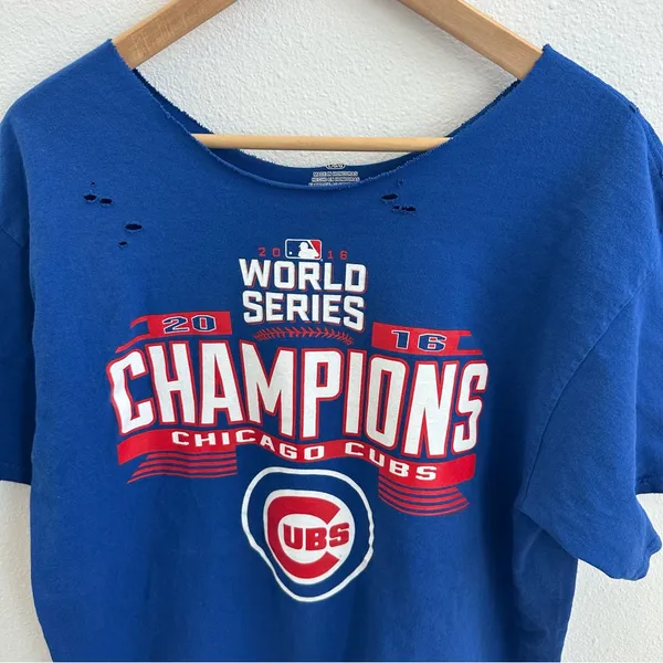 Chicago Cubs "2016 World Series Champions" Blue Off the Shoulder T-shirt - Image 2