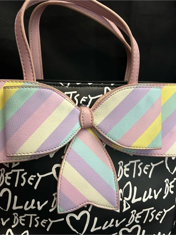 Betsey Johnson Graffiti Print Black Shoulder Bag With Pastel Striped Bow - Image 6