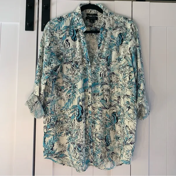 Tahari Womens 100% Linen Shirt Tropical Bird Print Button Up Coastal Resort - Image 4