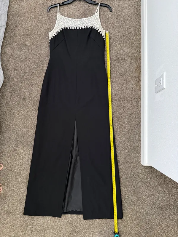 Elegant black maxi dress featuring a delicate cream lace yoke and thin straps. - Image 9