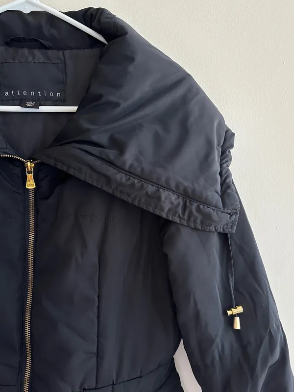attention Black Fitted Puffer Jacket, Wide Collar, Gold Hardware, Size Small - Image 16