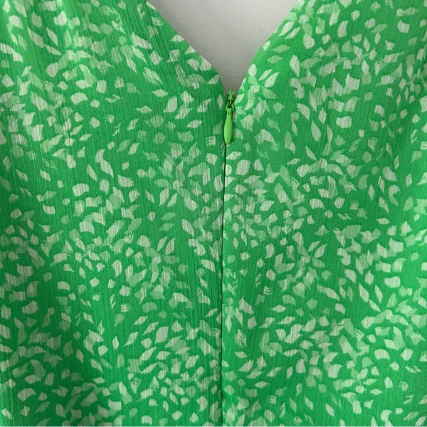 DKNY Lime Green White Chiffon Sleeveless Faux Wrap V Neck Fit & Flare Midi Dress - Image 9