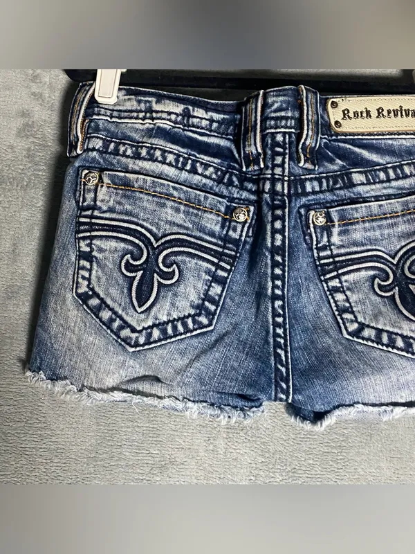 Rock Revival Distressed Dark Blue Denim Shorts with Frayed Hem size 28 Jodie - Image 7