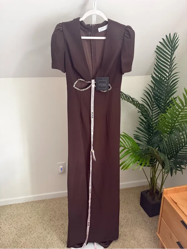 Mac Duggal Brown Beaded V-Neck Cap Sleeve Maxi Gown 4 - Image 3